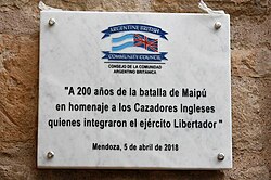 Plaque remembering the help of British hunters in the Battle of Maipú, in Mendoza
