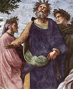 Dante, Homer and Virgil in Raphael's Parnassus fresco (1511), key figures in the Western canon