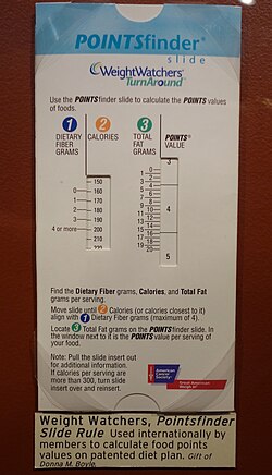 A Weight Watchers sliding ruler to track food points to ease calories restriction targets.