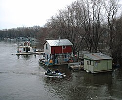 Community of boathouses on the Mississippi River in Winona, MN (2006)