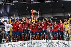 Iniesta and his teammates celebrate winning UEFA Euro 2012.