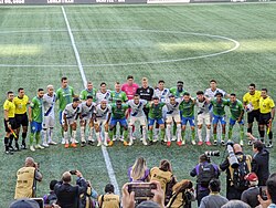 The starting lineups for the Sounders and C.F. Monterrey during their 2023 Leagues Cup match