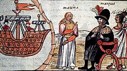 A page of the Durán Codex (1576) depicting Hernán Cortés and La Malinche in Tenochtitlan
