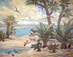 Solnhofen lagoon scene with Archaeopteryx, Compsognathus and Rhamphorhynchus by Charles R. Knight for the Field Museum in Chicago