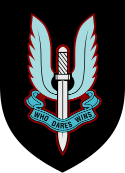 Emblem of a winged sword with the motto, "Who dares, wins"