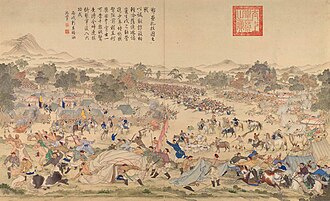 The Battle of Oroi-Jalatu in 1755 between the Qing (that ruled China at the time) and Mongol Dzungar armies. The fall of the Dzungar Khanate