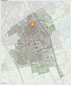 A 2018 map of the Delft municipality with the epicenter of the 1654 explosion superimposed on the Paardenmarkt, the site's present occupant.