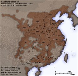 Map of Chinese provinces on the eve of Three Kingdoms period, 189 AD