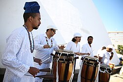 Umbandist drummers; the use of drums is common in more Africanised variants of Umbanda
