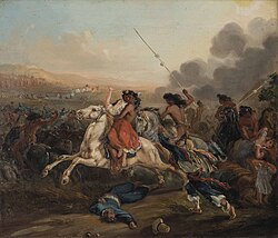 A mounted Mapuche carrying off a Spanish woman. Johann Moritz Rugendas.