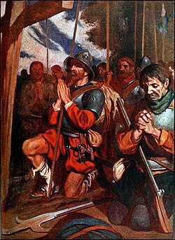 Conquistadors praying before a battle at Tenochtitlan