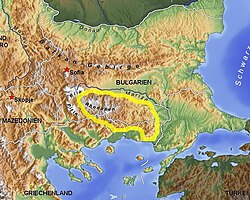 The physical–geographical boundaries of Thrace: the Balkan Mountains to the north, the Rhodope Mountains (highlighted) to the southwest, the Aegean Sea to the south, the Bosporus to the southeast and the Black Sea to the east
