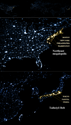 Northeast megalopolis (United States) (top) and Taiheiyō Belt (Japan) (bottom)