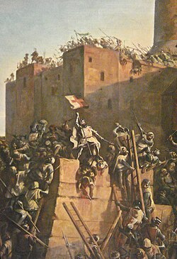 The capture of Jerusalem by Jacques de Molay in 1299. Counterfactual scene with the Templar Grand Master carrying the Order's insignia.