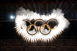 A scene from the opening ceremony; the unveiling of the Olympic rings