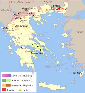 Regions with a traditional presence of languages other than Greek. Today, Greek is the dominant language throughout the country.[322][323][324][325][326][327]