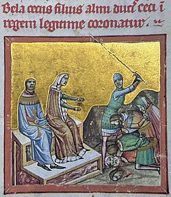 Chronicon Pictum, Hungarian, Hungary, King Coloman, crown, coronation, bishop, medieval, chronicle, book, illumination, illustration, history