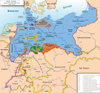 North German Confederation. Prussia is shown in blue.