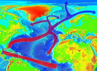 Evolution of the Gulf Stream to the west of Ireland continuing as the North Atlantic Current