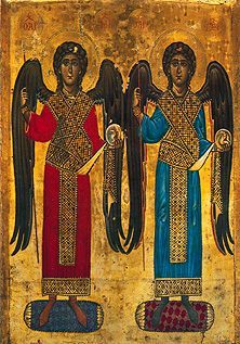 12th-century icon of the Archangels Michael and Gabriel wearing the loros of the Imperial guards.