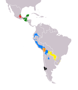 Main native languages in Latin America, legend: Quechua Guarani Aymara Nahuatl Mayan languages Mapudungun