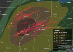 Map of confirmed tornadoes in the December 10–11 outbreak