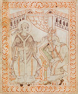 11th-century miniature of Gregory the Great dictating to a secretary