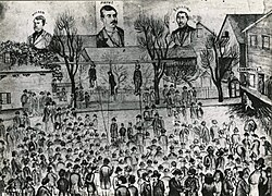 Illustration drawn by A. W. Piper depicting the January 18, 1882, lynching of James Sullivan, William Howard, and Benjamin Payne in Seattle, Washington
