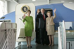 President George W. Bush, First Lady Laura Bush, and former first lady Nancy Reagan toured SAM 27000, housed at the Ronald Reagan Presidential Library, in October 2005.