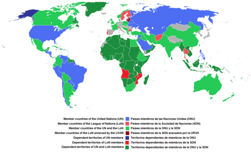 World map showing member states of the United Nations (in green and blue) and member states of the League of Nations (in green and red) on 18 April 1946, when the League of Nations ceased to exist
