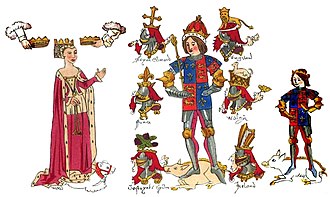 Depiction of King Richard III, the College of Arms' founder, his wife Queen Anne Neville, and their son Edward of Middleham, Prince of Wales, with their heraldic crests and badges from the Rous Roll. A roll of arms painted by John Rous around 1483–1485 for the Earl of Warwick.
