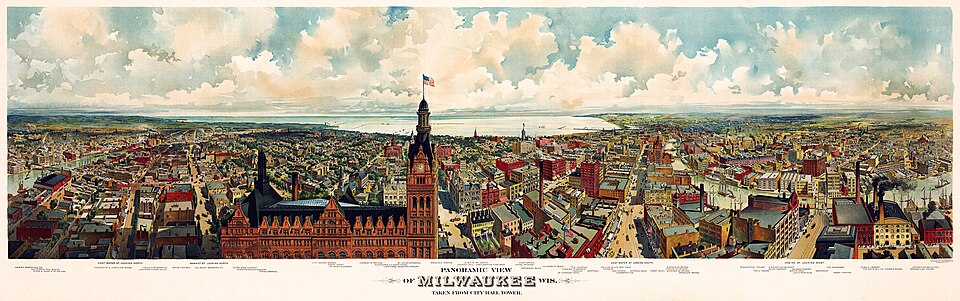 Panorama map of Milwaukee, with a view of the City Hall tower, c. 1898