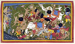 Manuscript illustration, c. 1650, of the Sanskrit epic Ramayana, composed in story-telling fashion c. 400 BCE – c. 300 CE[71]