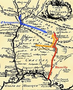 "Carte de Louisiane", from Dumont de Montigny (1753), Mémoires Historiques sur la Louisiane. Annotated to show paths of d'Artaguette and Bienville in the Chickasaw Campaign of 1736