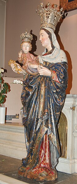 Original 14th-century statue of Our Lady of Aberdeen in Notre Dame de Finistere Church, Brussels, which was hidden by the Marquess of Huntley in Huntly Castle and eventually smuggled to the Spanish Netherlands for protection from desecration following the Scottish Reformation.