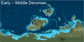The Early-Middle Devonian world, with major continents Gondwana (Go), Euramerica/Laurussia (Eu), and Siberia (Si)