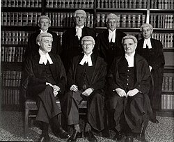 The bench in 1952, shortly before Chief Justice Latham's retirement. Back, left to right, Fullagar, Webb, Williams & Kitto. Front, left to right, Dixon, Latham & McTiernan