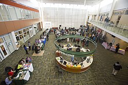 Welcome desk for students in College of DuPage Campus