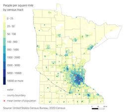 A map of Minnesota's population density, 2020