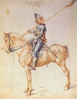 1498 illustration of a German man-at-arms by Albrecht Dürer. The man-at-arms is equipped as a demi-lancer.