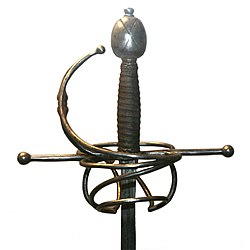 The hilt of a rapier—in this case, with a swept hilt