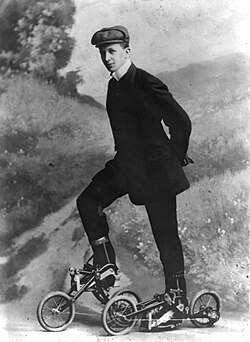 Young man on the Edvard Petrini's pedaled roller skates,[12] known as Takypod in Sweden, circa 1910
