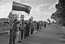 In the Baltic Way on 23 August 1989, two million people formed a human chain across three countries in a mass demonstration against the Soviet occupation.