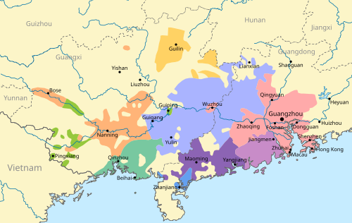 Distribution of Yue Chinese languages in southeastern China. Standard Cantonese and closely related dialects are highlighted in pink.