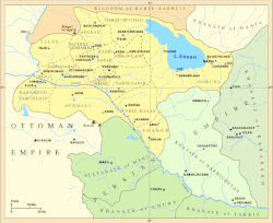 The Armenian Oblast (1828–1840) included the territory of the former Erivan (marked in yellow) and Nakhichevan (marked in light green) khanates.
