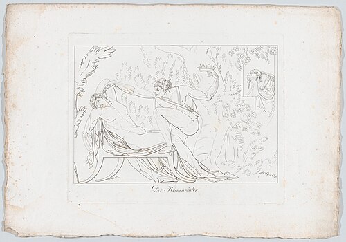 Der Kronenräuber ("The Crown Thief": Claudio [sic] Murders His Brother, King Hamlet, By Pouring Poison into His Ear as He Lies Sleeping in the Garden) (Johann Heinrich Lips and Henry Fuseli, 1806)