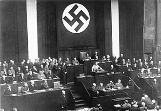 Hitler gives a speech to the Reichstag in support of the Enabling Act. The collapse of the Weimar Republic into Nazi Germany is perhaps the most infamous example of democratic backsliding.[35]