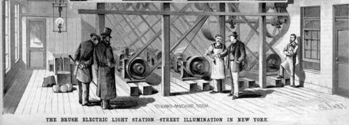 Brush Electric Company's central power plant with dynamos generating direct current to power arc lamps for public lighting in New York. Beginning operation in December 1880 at 133 West Twenty-Fifth Street, the high voltages it operated at allowed it to power a 2-mile (3.2 km) long circuit.[4]
