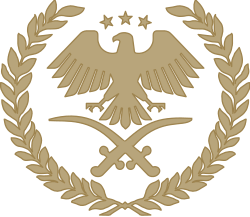 The emblem of the Syrian Armed Forces using the Syrian emblem, extended by an exterior laurel wreath and two asymmetrical crossed swords at the bottom (2025–present)
