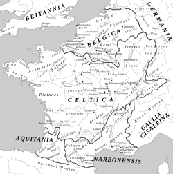 Map of Gaul c. 58 BC according to the Romans, showing Gallia Celtica, Gallia Belgica, Gallia Narbonensis and Gallia Cisalpina (the latter two were part of the Empire)